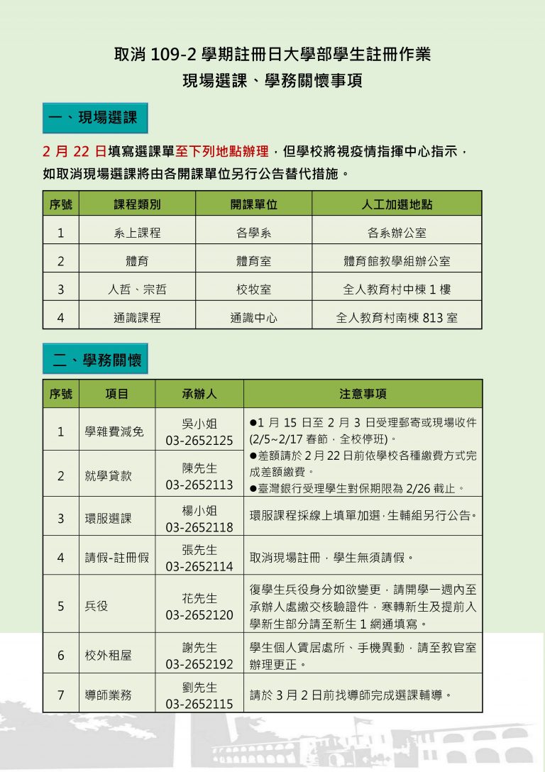 Read more about the article 因應疫情形取消109-2學期註冊日大學部學生註冊作業相關事宜